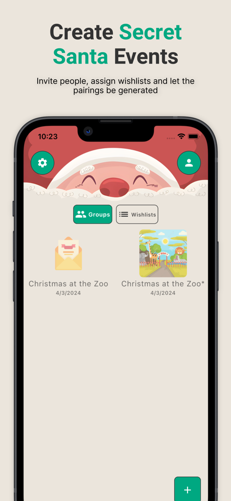 Secret Santa Helper App dashboard showing options to create gift exchange groups and manage wishlists