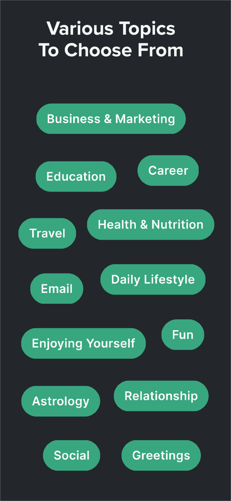ChatUp AI - Chat Bot Assistant - ChatUp AI interface showing various chat topic categories including business, education, and career