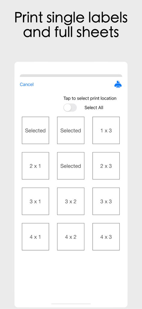 인쇄를 위해 한 시트에 단일 또는 다중 라벨을 선택하는 인터페이스
