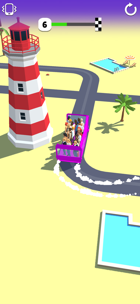 Bus Arrival 3D - A purple bus full of passengers driving on a beach road past a red and white lighthouse in Bus Arrival 3D.