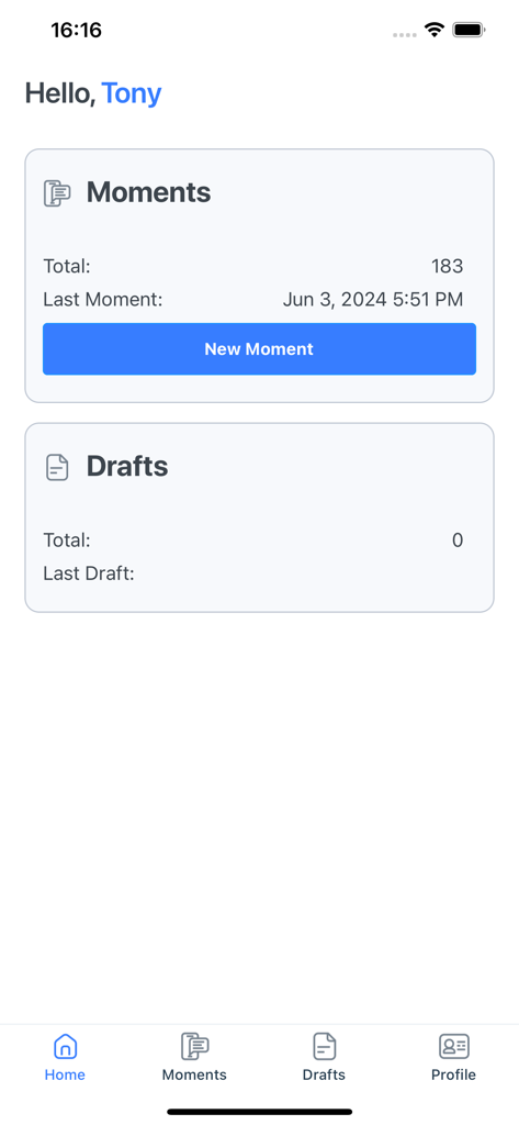 GeoBooster - GeoBooster mobile application home screen showing moments and drafts overview.