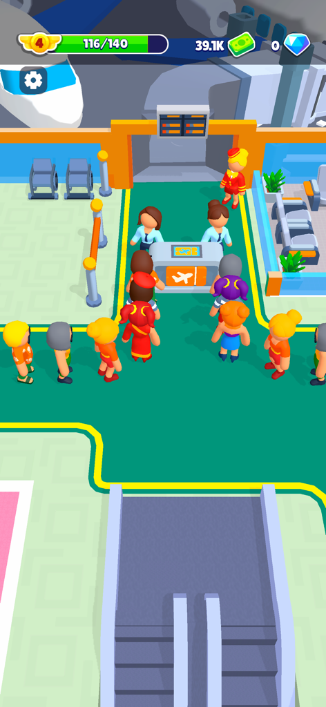 A colorful 3D airport terminal scene featuring passengers waiting in line at a check-in counter in Airport Idle.