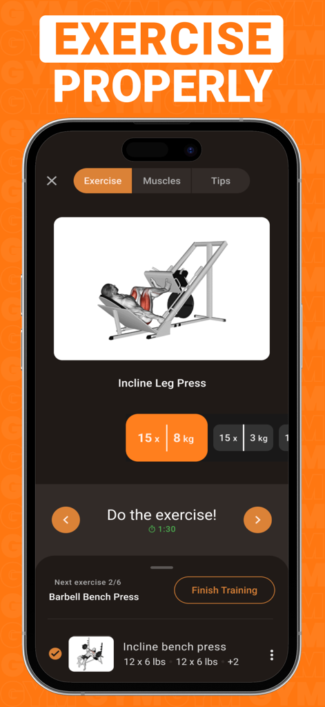 Gym WP app interface showing incline leg press instructions with weight and rep tracking