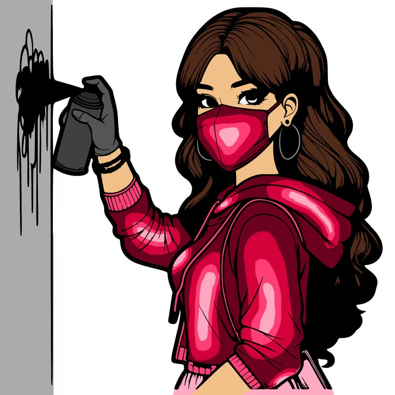 realistic girl with mask spray painting a wall