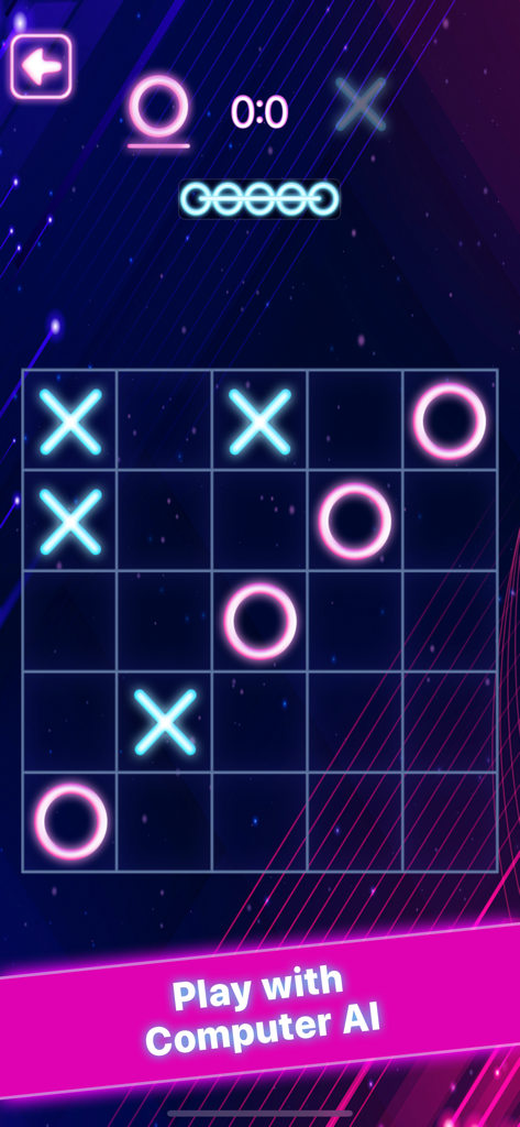 Tic Tac Toe: 2 Player - Tic Tac Toe 2 Player neon 5x5 grid gameplay against computer AI