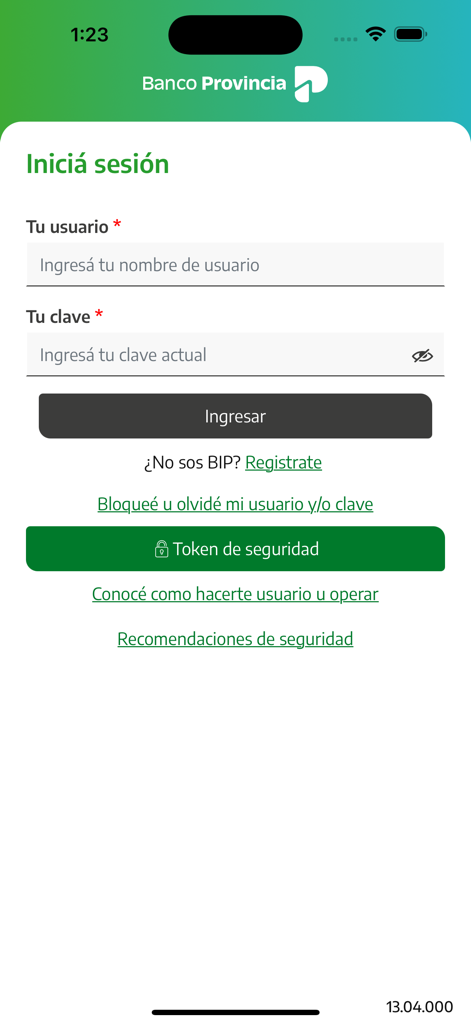 BIP Móvil - Pantalla de inicio de sesión de la aplicación de banca móvil BIP Movil mostrando campos de nombre de usuario y contraseña