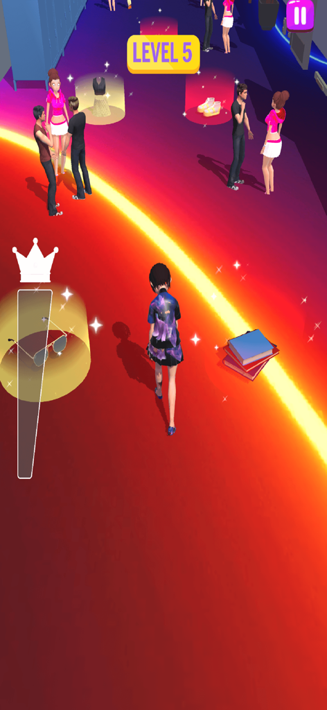 Girl Catwalk: Fashionista - Eine Figur läuft auf einem roten Laufsteg und trifft Modeentscheidungen in einem Handyspiel.