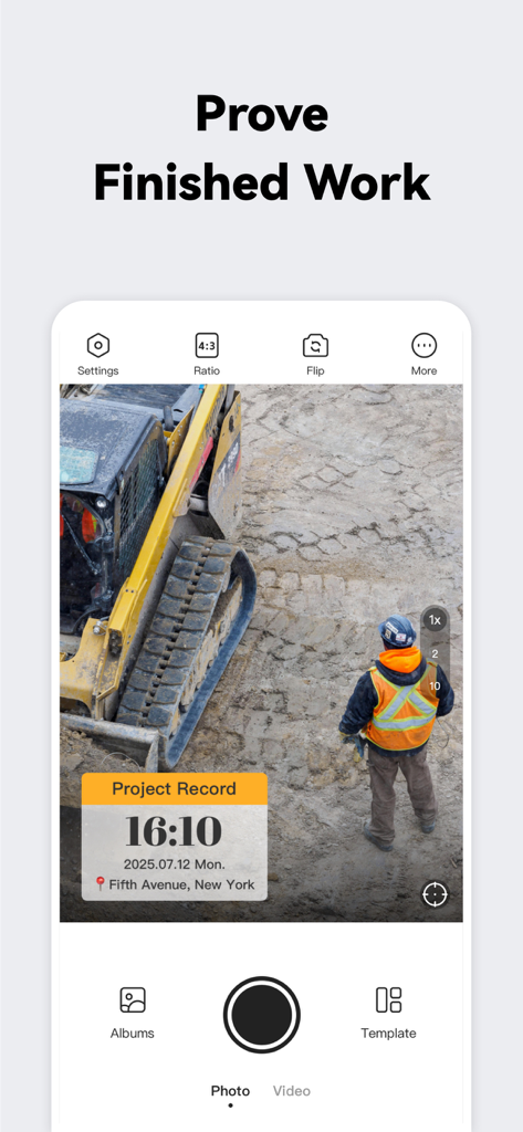 Smartphone interface of Timestamp Camera app documenting construction work with time and location watermarks