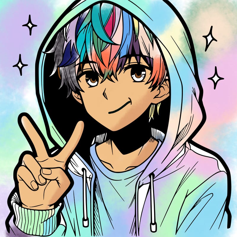 teenage manga boy in a hoodie, doing ✌