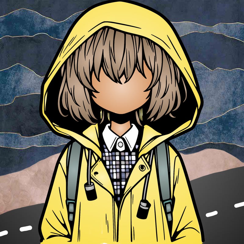 little anime girl in a raincoat her hair is covering her eyes she has a lighter