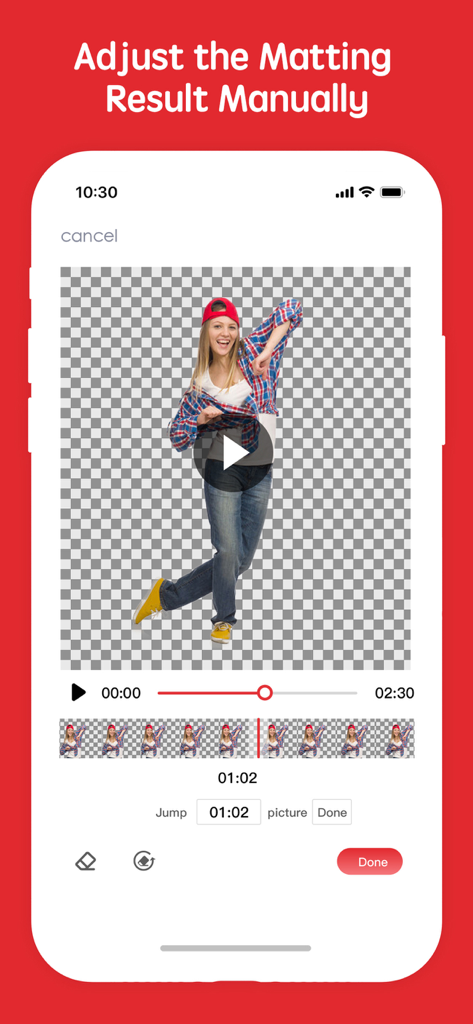 Erase&Change Video Background - Interfaz de aplicación móvil que muestra a una bailarina con un fondo eliminado y herramientas de matting manual