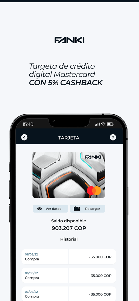 Fanki app interface showing a digital Mastercard credit card with 5 percent cashback and transaction history