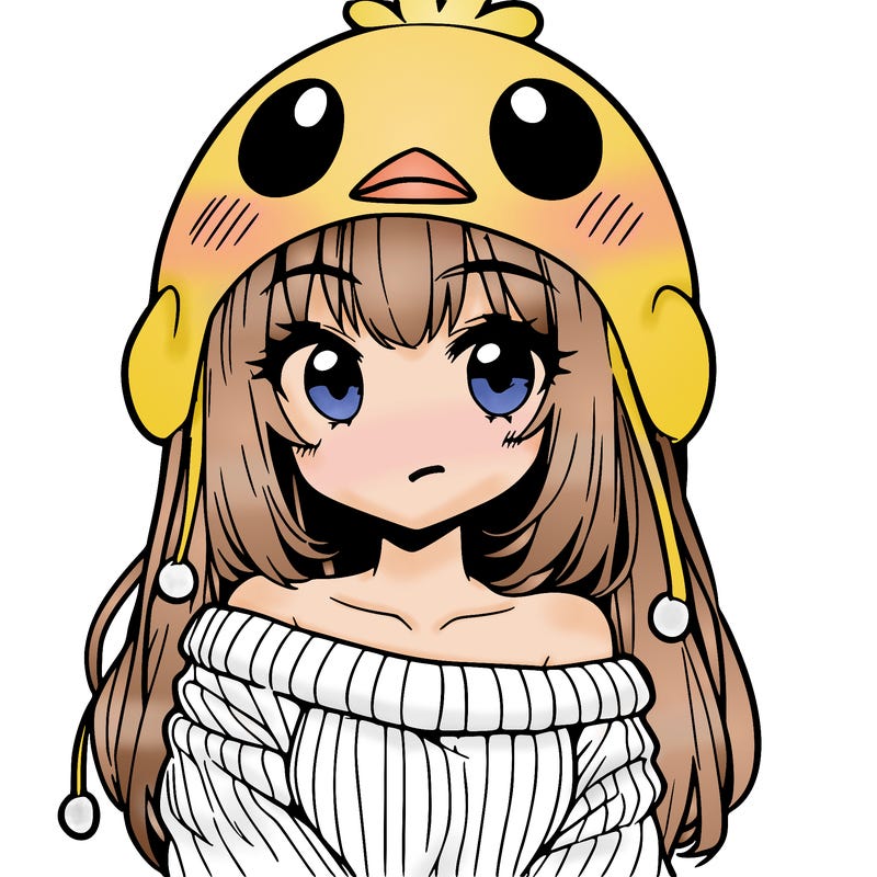 anime girl with chick shaped hat with sweater with bare shoulders with bangs covering them one eye with low tail
