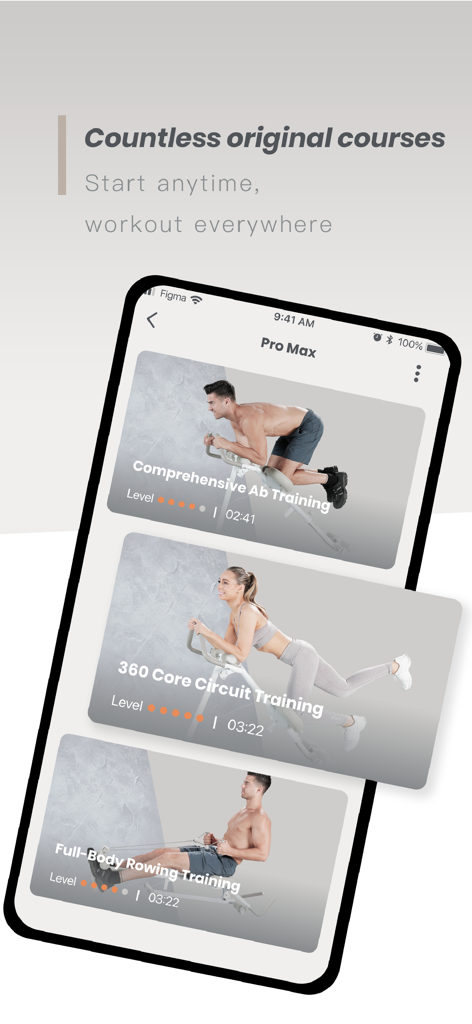 Wonder Core - Fitness Partner - Wonder Core app interface showing original workout courses for ab training and full-body rowing.