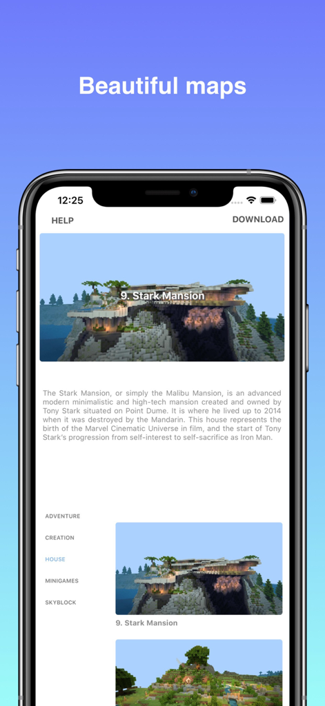 Una vista previa del mapa de la Mansión Stark en la interfaz de la aplicación Mapas para Minecraft PE.