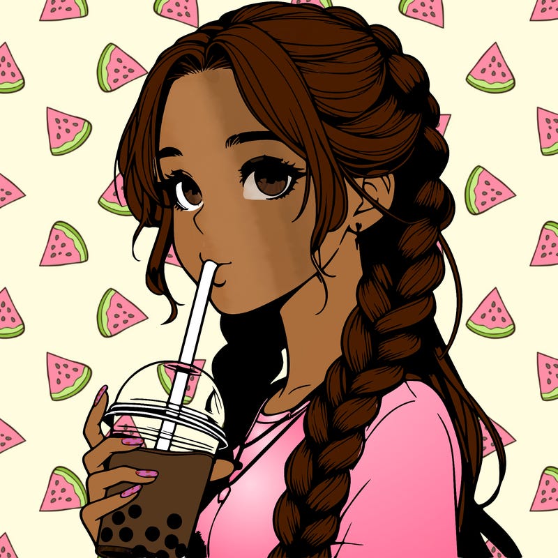 realistic girl with braided hair drinking boba