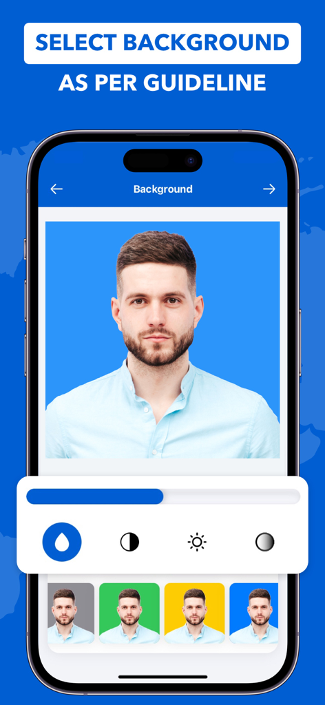 Interfaz de usuario para seleccionar un color de fondo de foto de pasaporte según las directrices oficiales