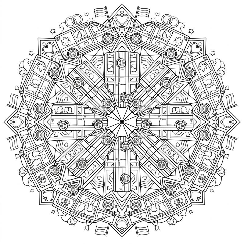 This unique coloring page beautifully combines the essential service of ambulances with the vibrant spirit of Pride Month in an intricate mandala design. Discover a detailed pattern that invites you to celebrate diversity, care, and community through your artistic expression.