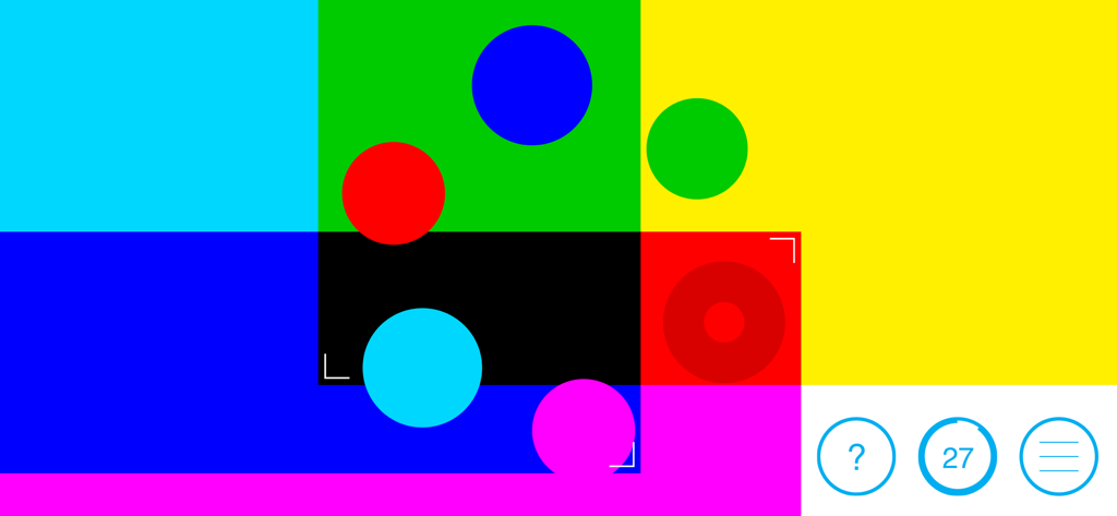 Gameplay of Overpaint showing overlapping vibrant colored squares and circles