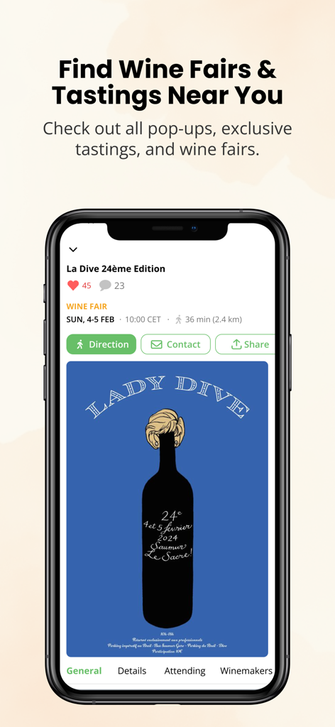 Raisin-App-Oberfläche mit Weinmessen und Verkostungen in deiner Nähe, einschließlich Veranstaltungsdetails und Postern
