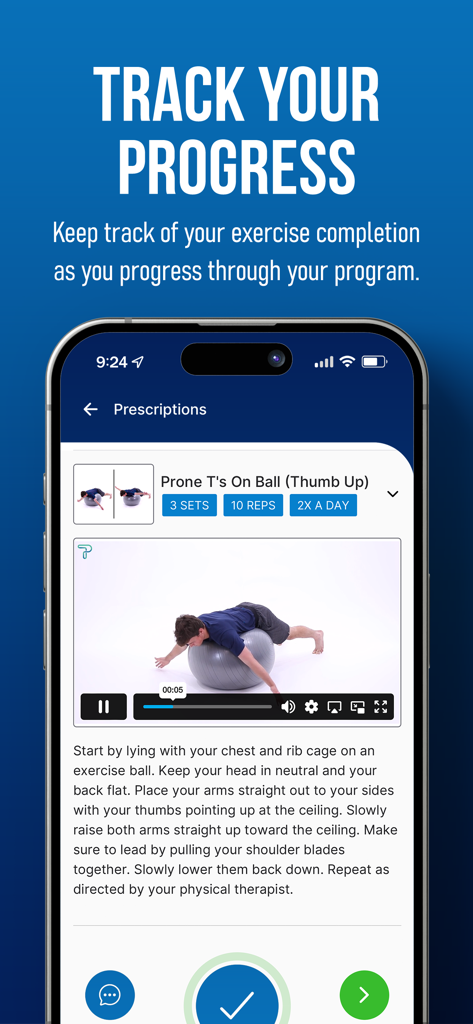 Orthopedic & Spine PT - Captura de pantalla de la aplicación Orthopedic and Spine PT que muestra un video instructivo y las instrucciones escritas para un ejercicio prescrito con funciones de seguimiento del progreso.