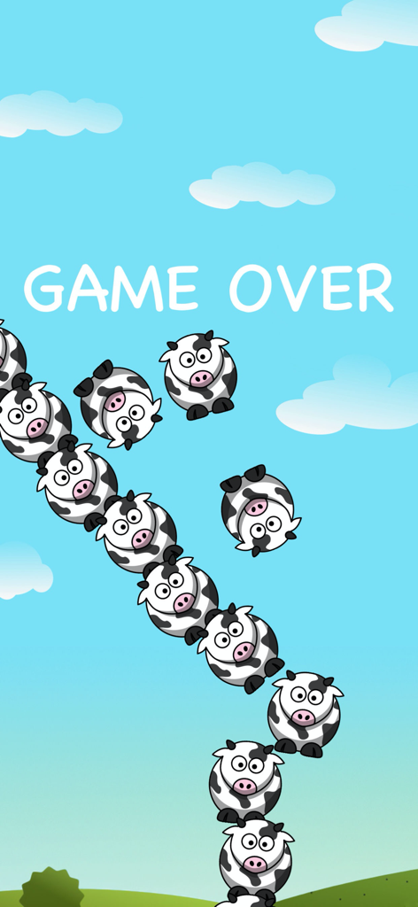 Crazy Cows - Tower Builder - Game over screen in Crazy Cows showing a leaning tower of cartoon cows falling against a blue sky background.