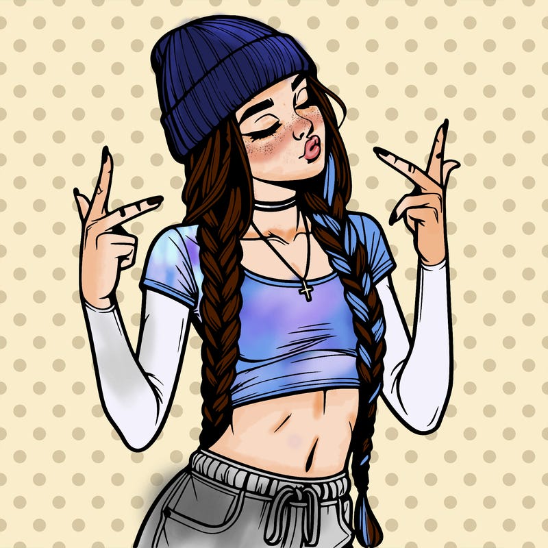 realistic teenage girl with braids and a beanie and crop top doing 🫶🏼