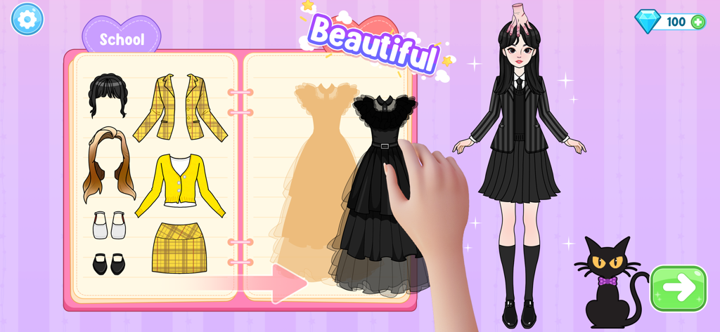 Una mano seleccionando un vestido gótico negro para una muñeca de papel en un diario con temática escolar