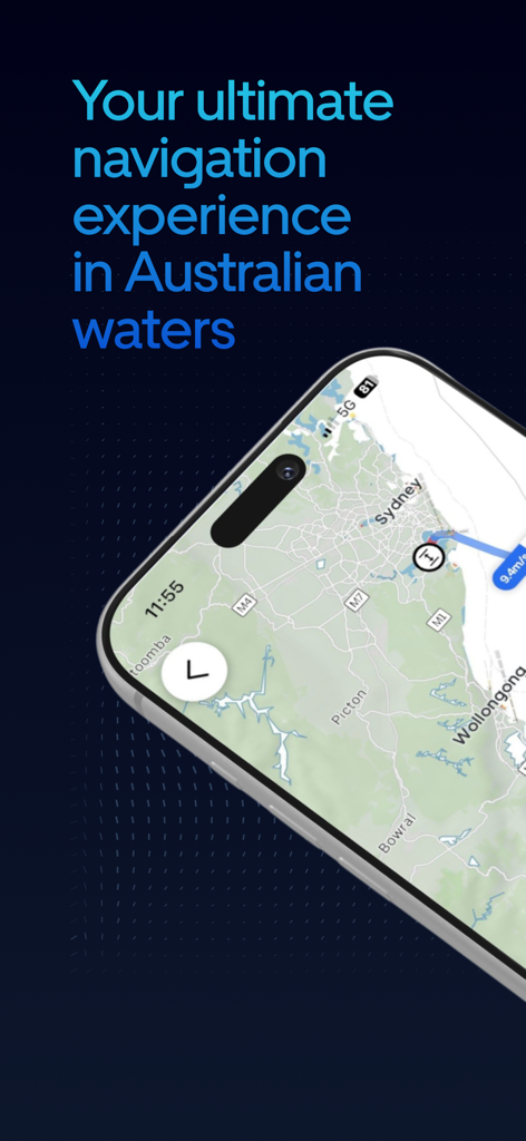 L'app GPS per barche Orca mostra una mappa di navigazione nautica della costa australiana vicino a Sydney