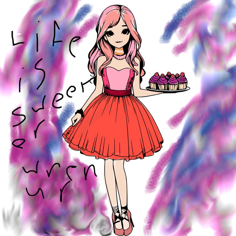 realistic girl with dress and a tray of cupcakes in her hand
