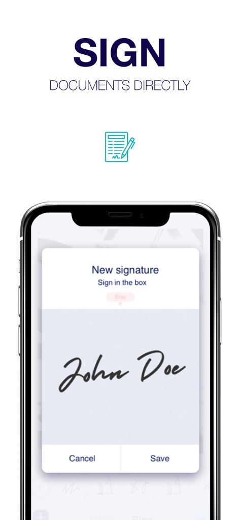 Scanner - Edit PDF & documents - Interfaccia dell'app mobile che mostra un campo per la firma digitale su uno schermo di iPhone per firmare documenti direttamente.