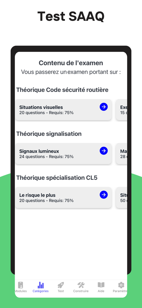 Test SAAQ - Pantalla de la aplicación móvil que muestra las categorías del examen teórico SAAQ para el código de seguridad vial y la señalización.