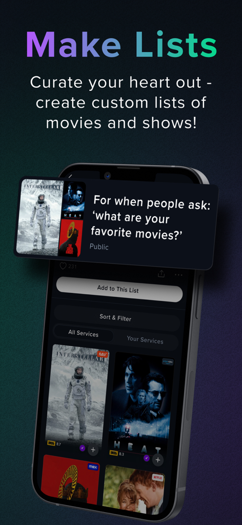 Interfaz de la aplicación Reelgood que muestra la función de listas personalizadas para películas y series.