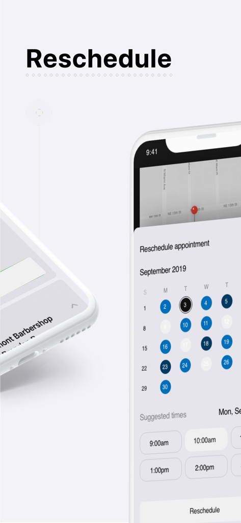 Interface do aplicativo móvel The Fade Factory mostrando um calendário e horários sugeridos para reagendar um corte de cabelo com barbeiro