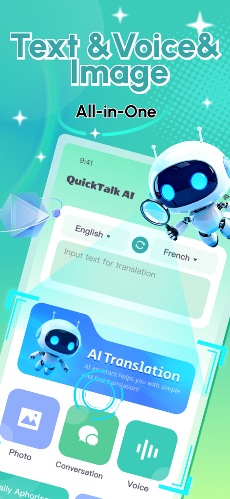 QuickTalk AI - QuickTalk AI mobile app interface showing text voice and image translation features with a cute robot assistant