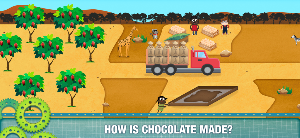 A cartoon scene of a cocoa plantation showing how chocolate is made with a red truck and cocoa trees