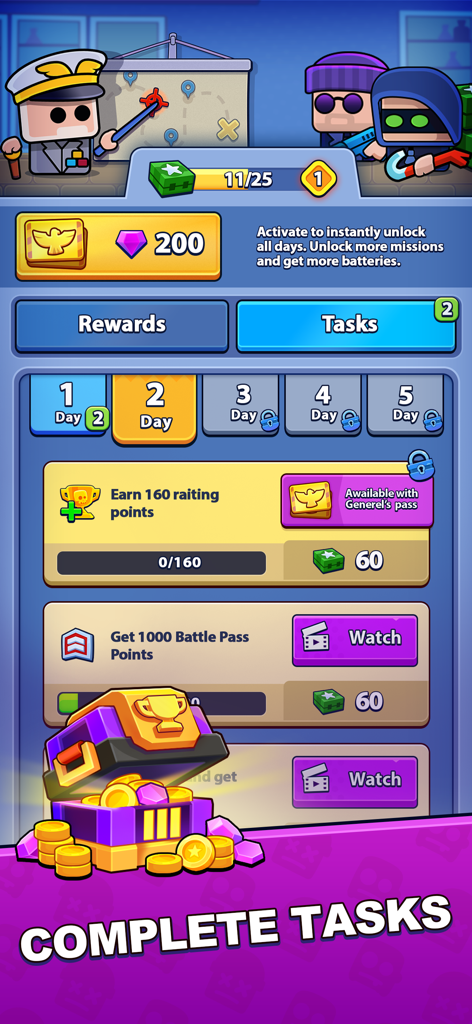 Survival Arena: Tower Defense - Interfaz de Survival Arena Tower Defense para completar tareas diarias y reclamar recompensas