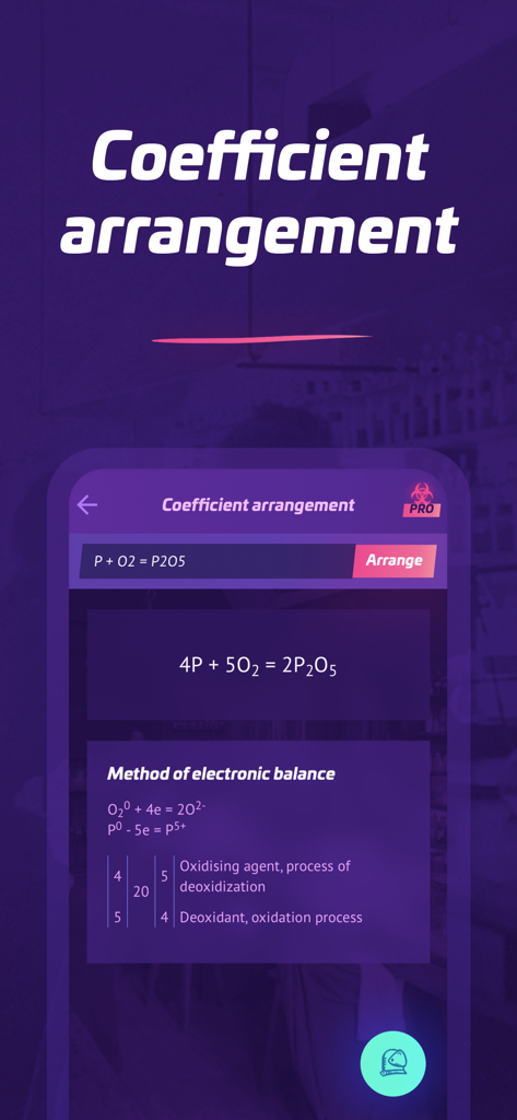 Chemistry AI· - Chemistry AI app interface showing a balanced chemical equation and the method of electronic balance for coefficients