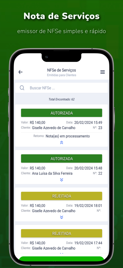 Total MEI: Serviços, DAS Fácil - Interface do aplicativo Total MEI exibindo uma lista de notas fiscais de serviços com status autorizado e rejeitado