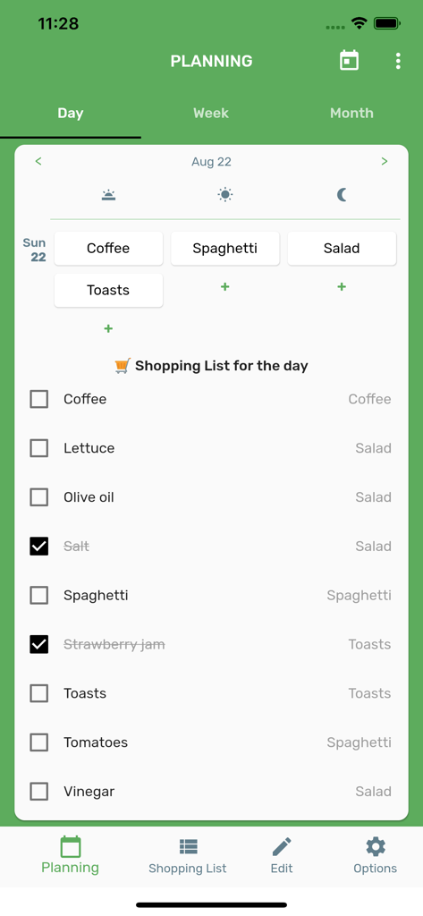 Interfaz de la aplicación Easy Menu Planner que muestra un horario de comidas diario con una lista de la compra generada automáticamente.