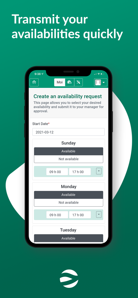 Schermata dello smartphone che mostra l'interfaccia dell'app Merinio per la creazione e l'invio di richieste di disponibilità turni.