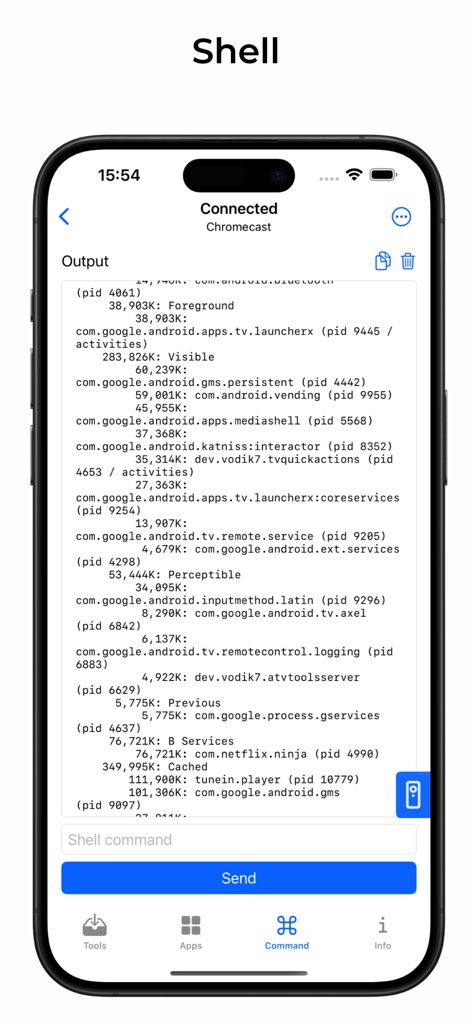 atvTools app shell command interface on iPhone showing running processes and memory usage on a Chromecast device