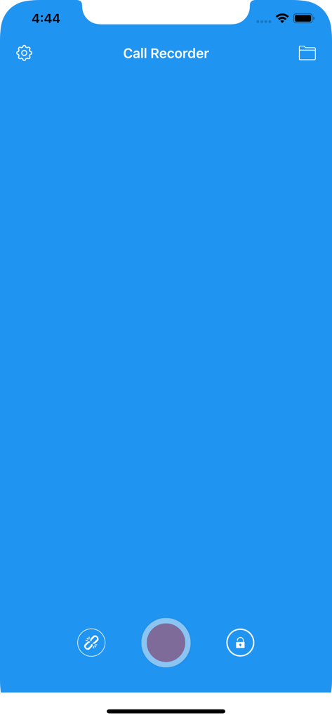 Waytronic Call Recorder - Interfaz de grabación principal de la aplicación Waytronic Call Recorder con un botón de grabación central e íconos de gestión de archivos