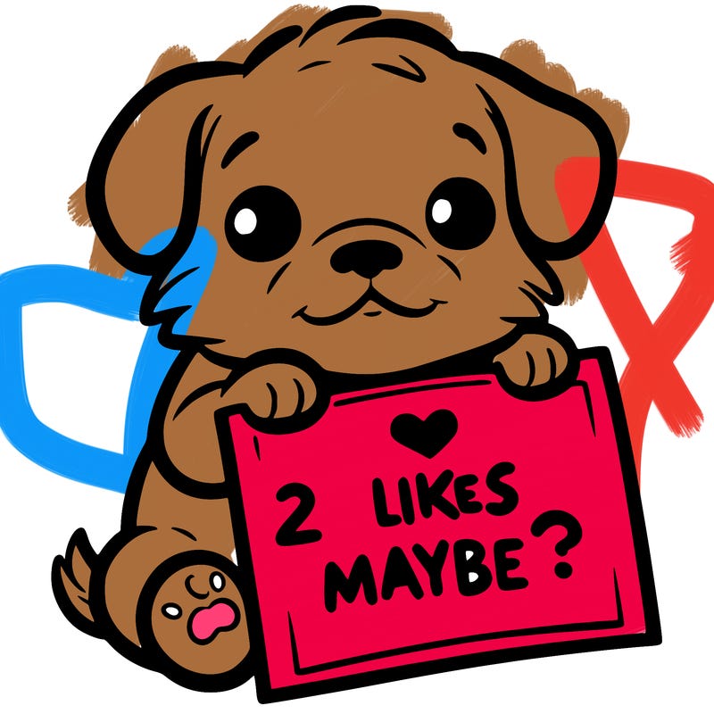 a puppy holding a sign that says 2 likes maybe?