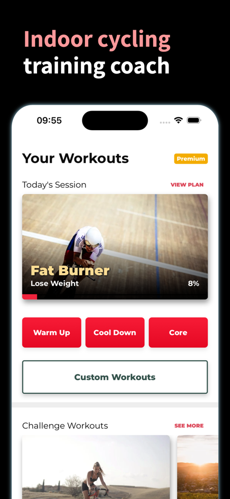 Indoor Cycling Workout app dashboard showing a fat burner weight loss plan and exercise session options