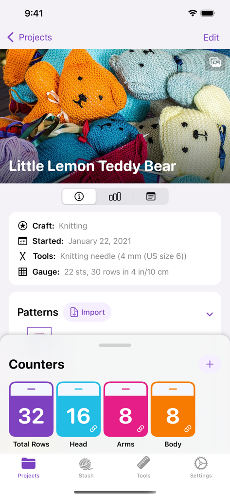 YarnBuddy app interface showing a teddy bear knitting project with detailed row counters for different parts like head and arms