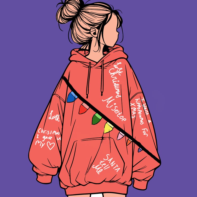realistic girl with a oversized sweatshirt on and a bun
