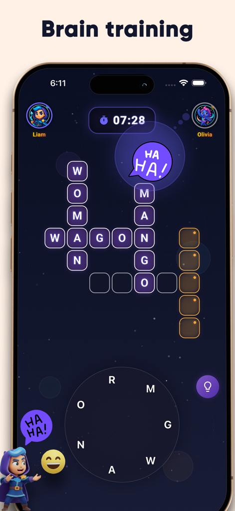 Real-time 1v1 multiplayer word puzzle match with neon space theme and brain training text