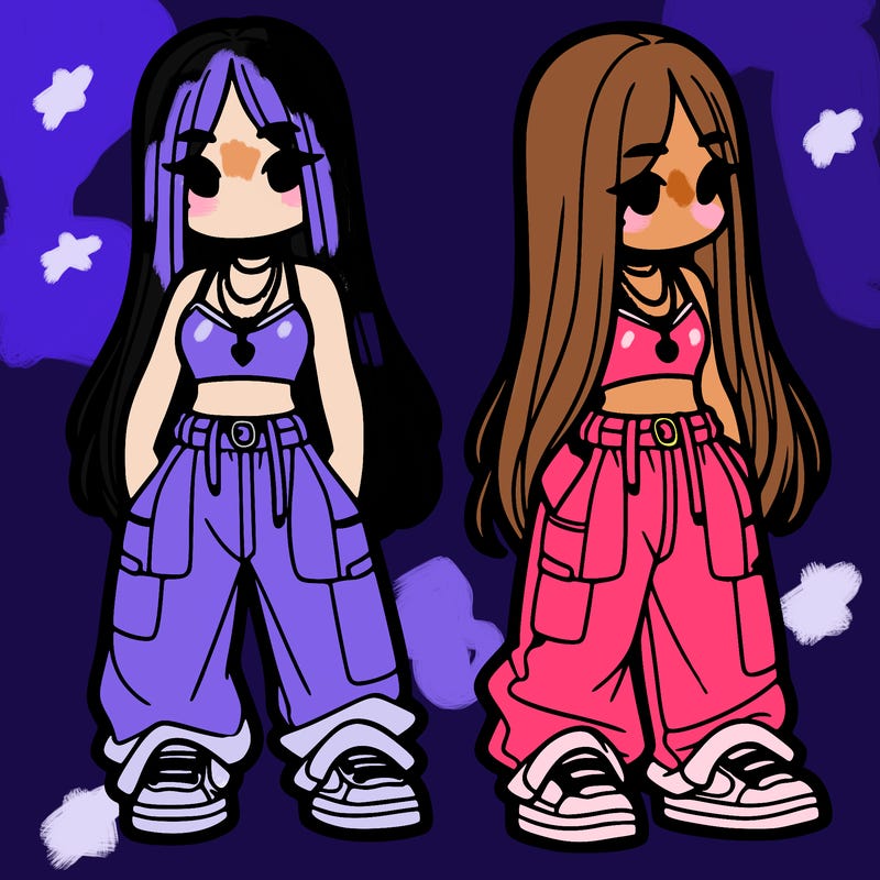 girl in baggy pants crop top and long hair