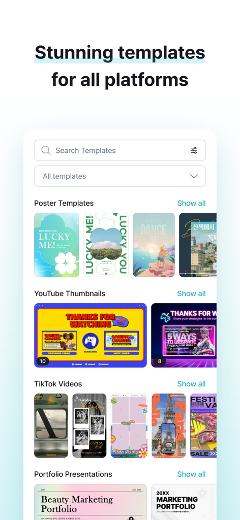 MiriCanvas: Poster, PPT design - MiriCanvas app interface showing a wide selection of templates for posters, YouTube thumbnails, TikTok videos, and presentations.